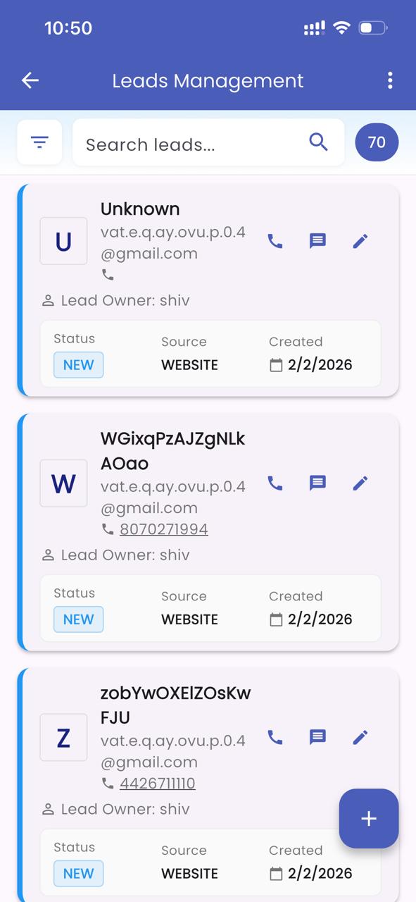 Lead profile with email, SMS, call actions ViveLead Mobile App - Lead Profile with Quick Actions
